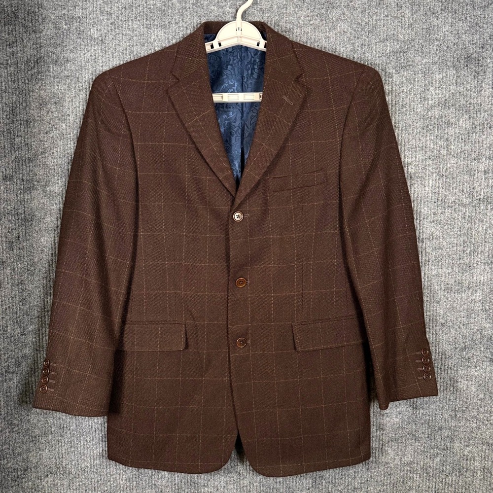 Tommy Hilfiger Brown Cashmere Wool Windowpane Blazer Men 40R Preppy Sport Coat